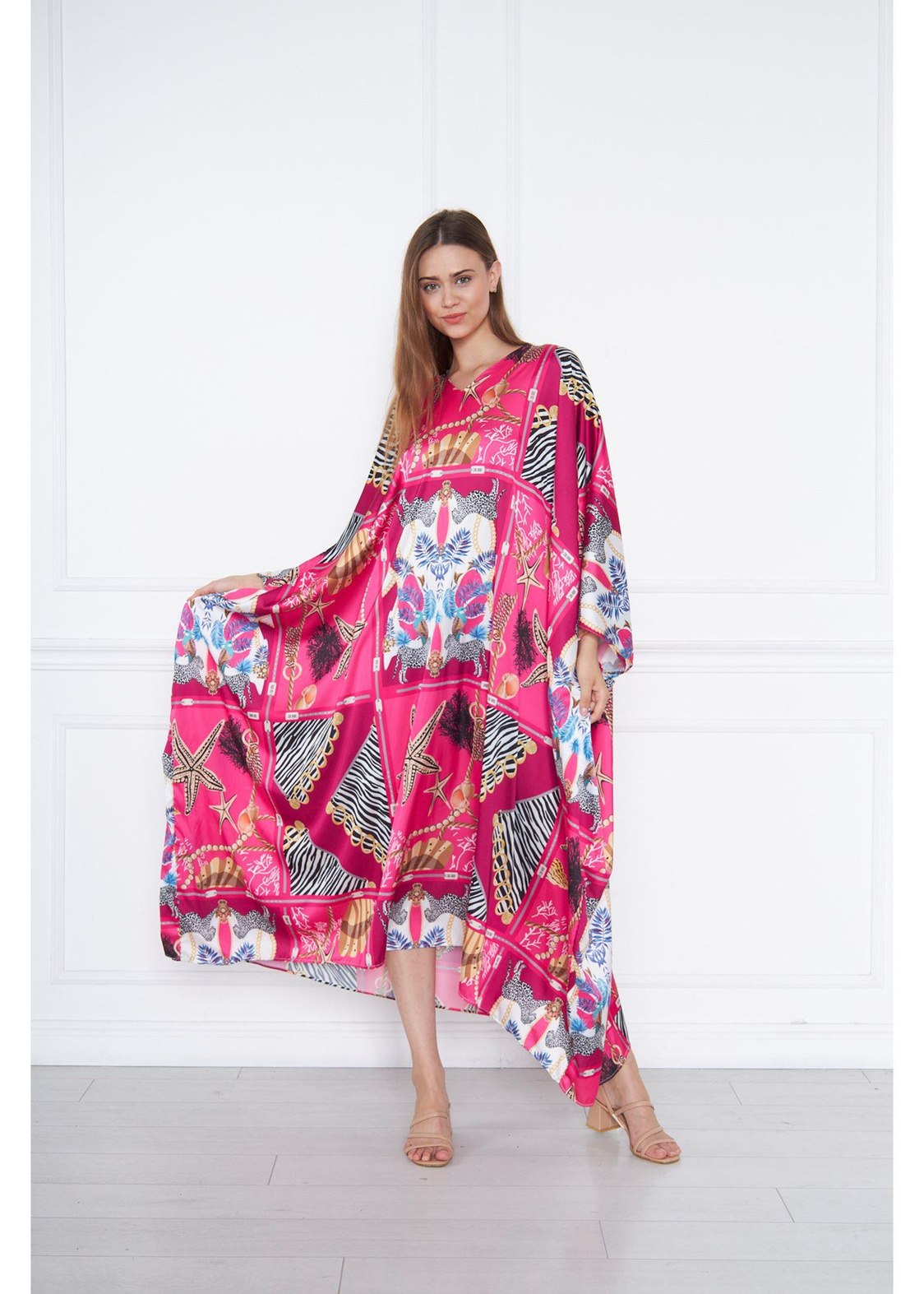 Pano Desenli Kimono-Fuşya