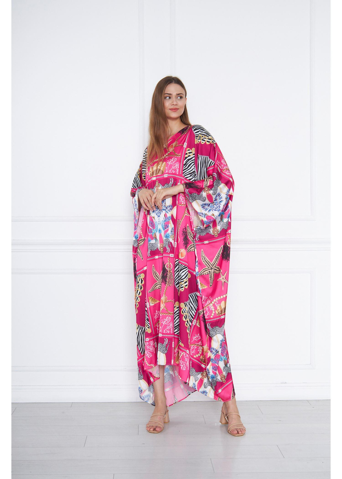 Pano Desenli Kimono-Fuşya