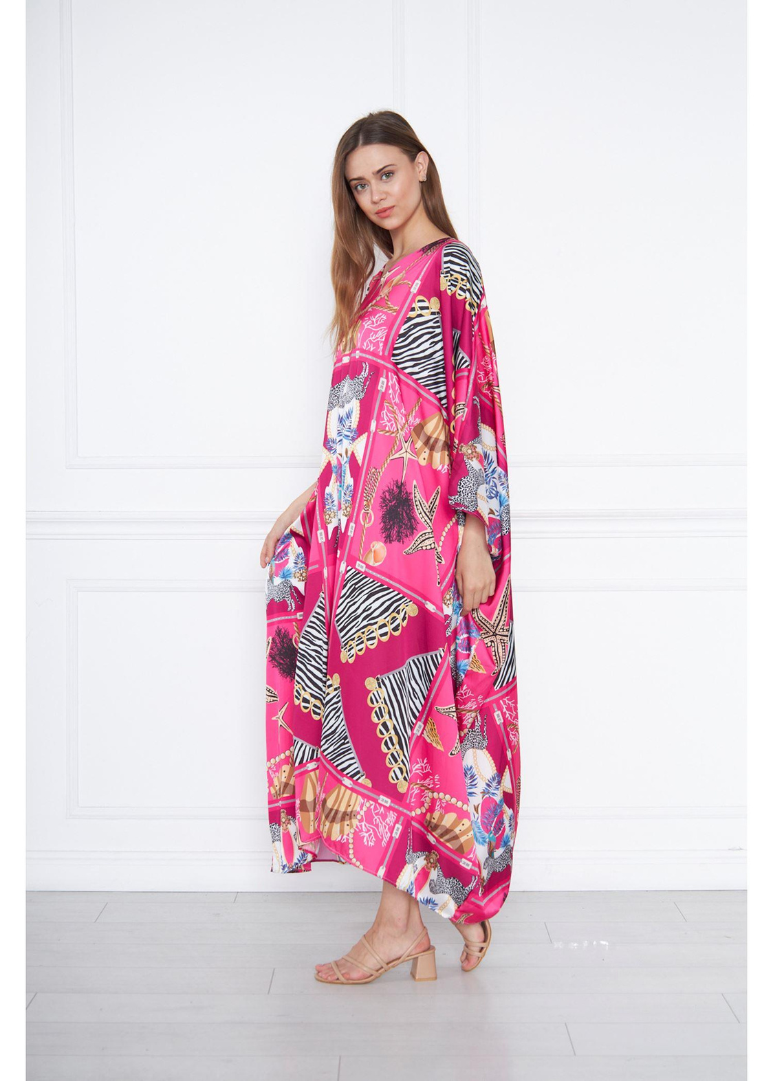 Pano Desenli Kimono-Fuşya