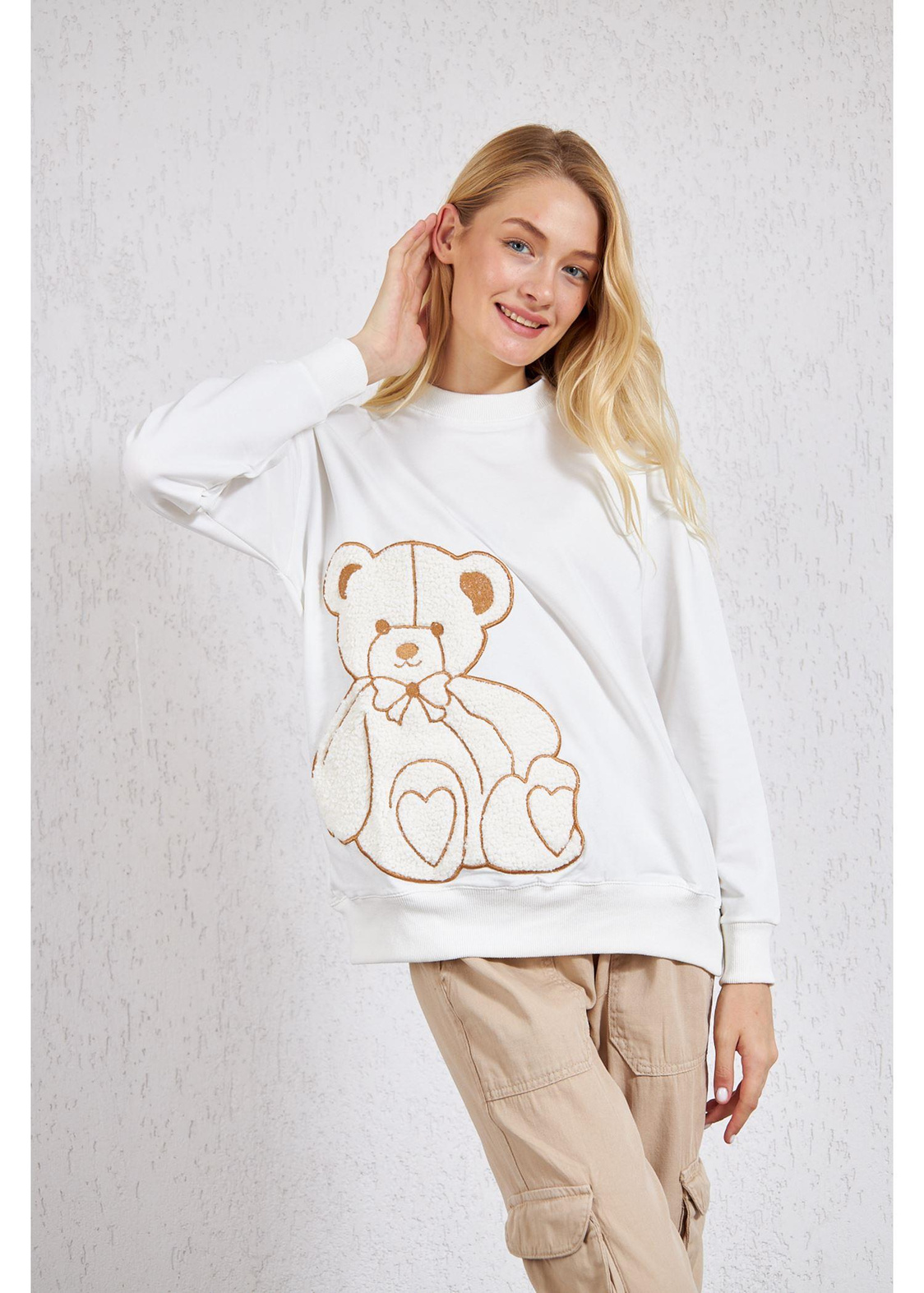 Peluş Ayıcıklı Sweat-Beyaz