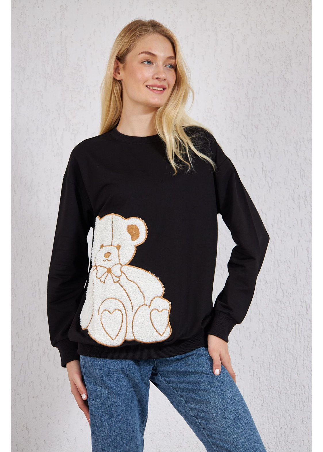 Peluş Ayıcıklı Sweat-Siyah