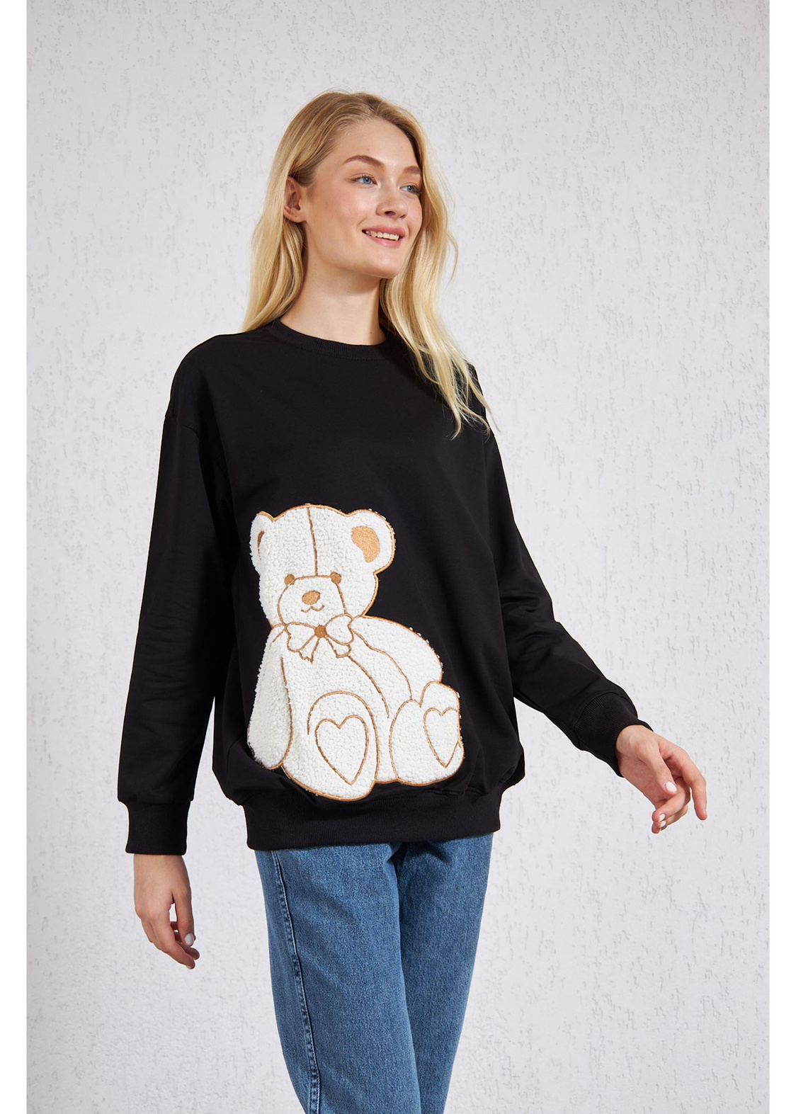 Peluş Ayıcıklı Sweat-Siyah