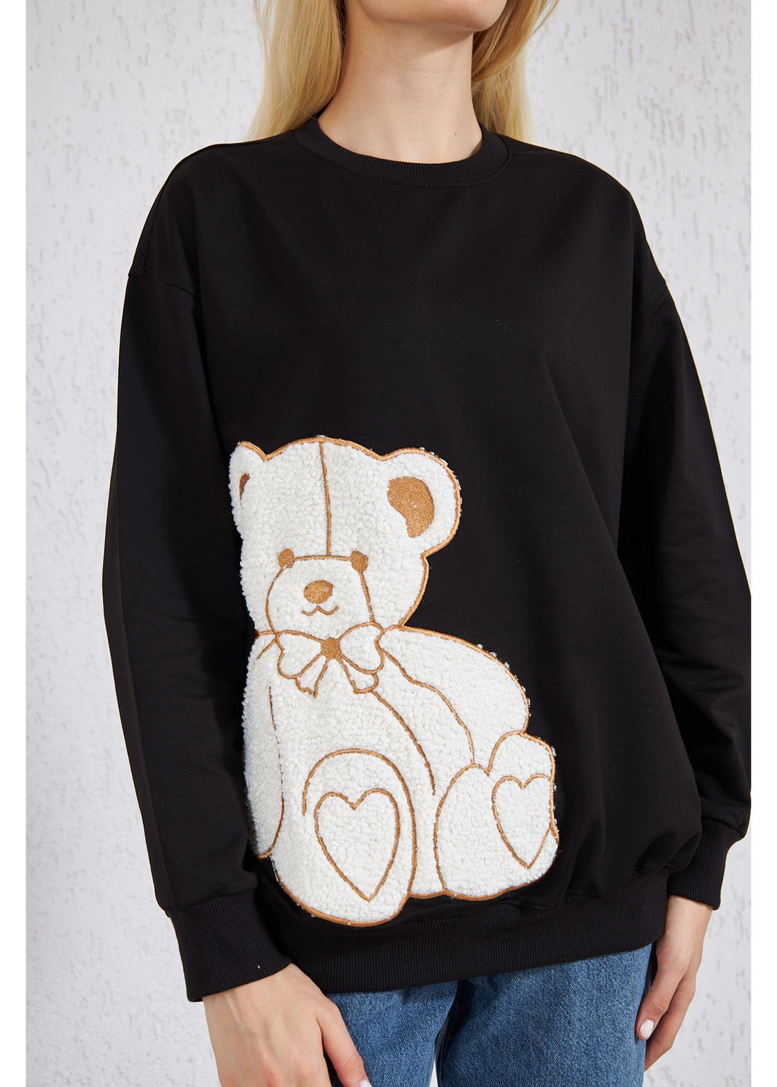 Peluş Ayıcıklı Sweat-Siyah