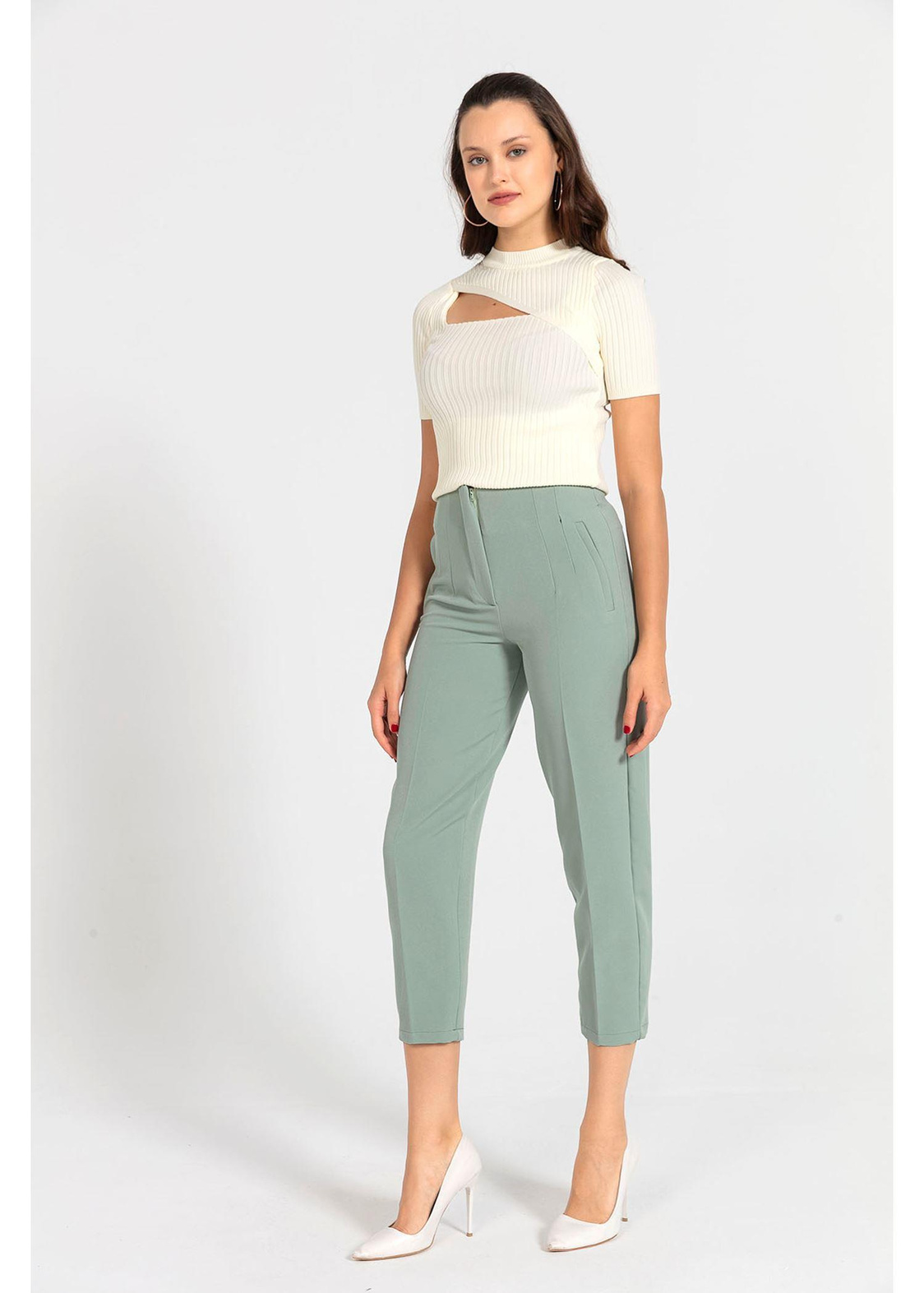 Pensli Yüksek Bel Atlas Pantolon-Mint