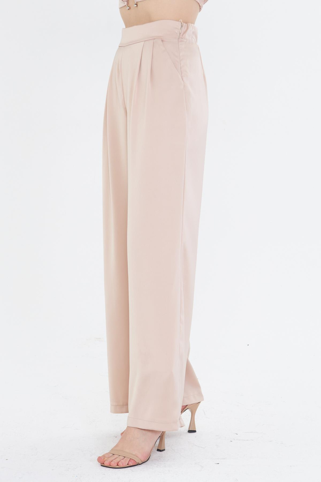 Pile Detaylı Saten Pantolon - Bej