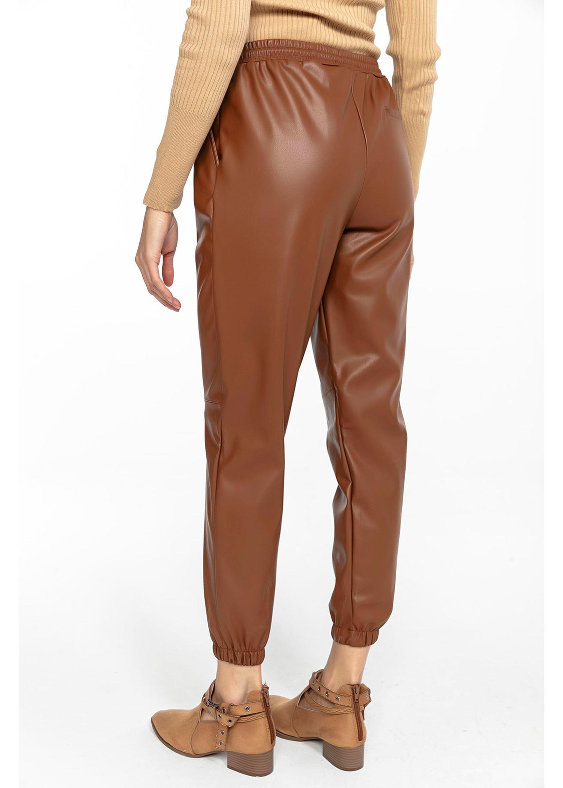 Pileli Lastikli Deri Pantolon-Taba