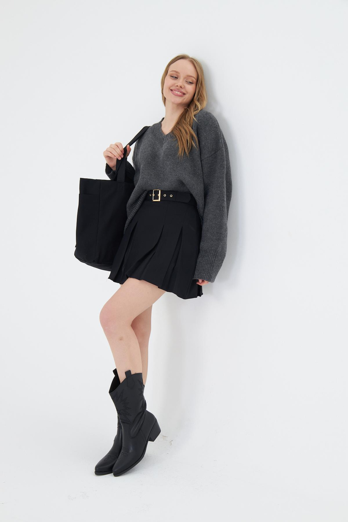 Pileli Poliviskon Etek - Siyah