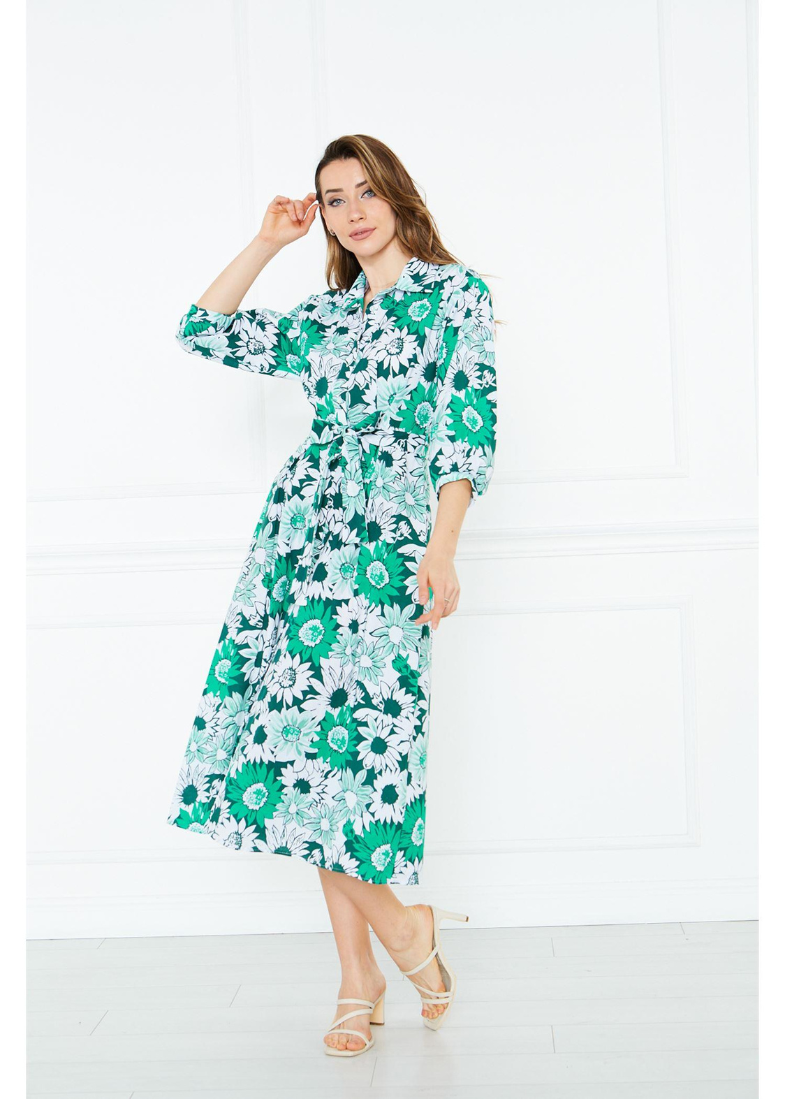 Pilikaşeli Desen Poplin Elbise-Yeşil