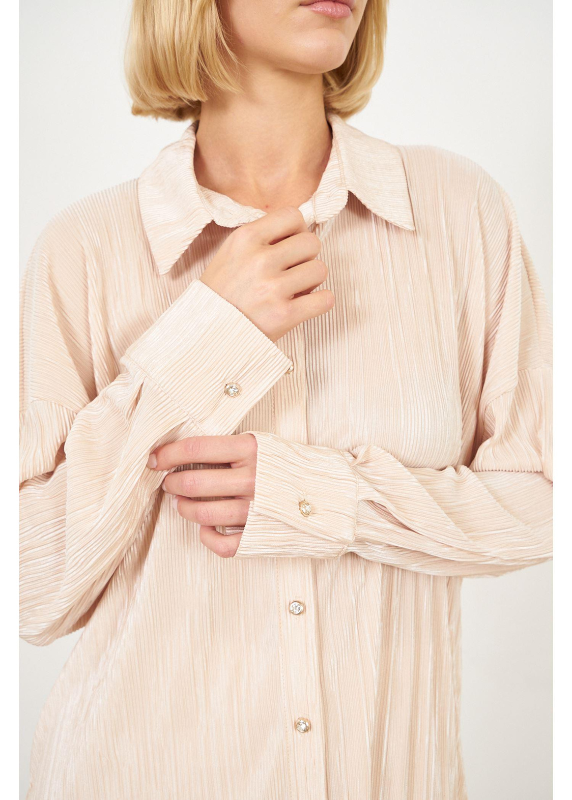 Piliseli Örme Gömlek-Bej