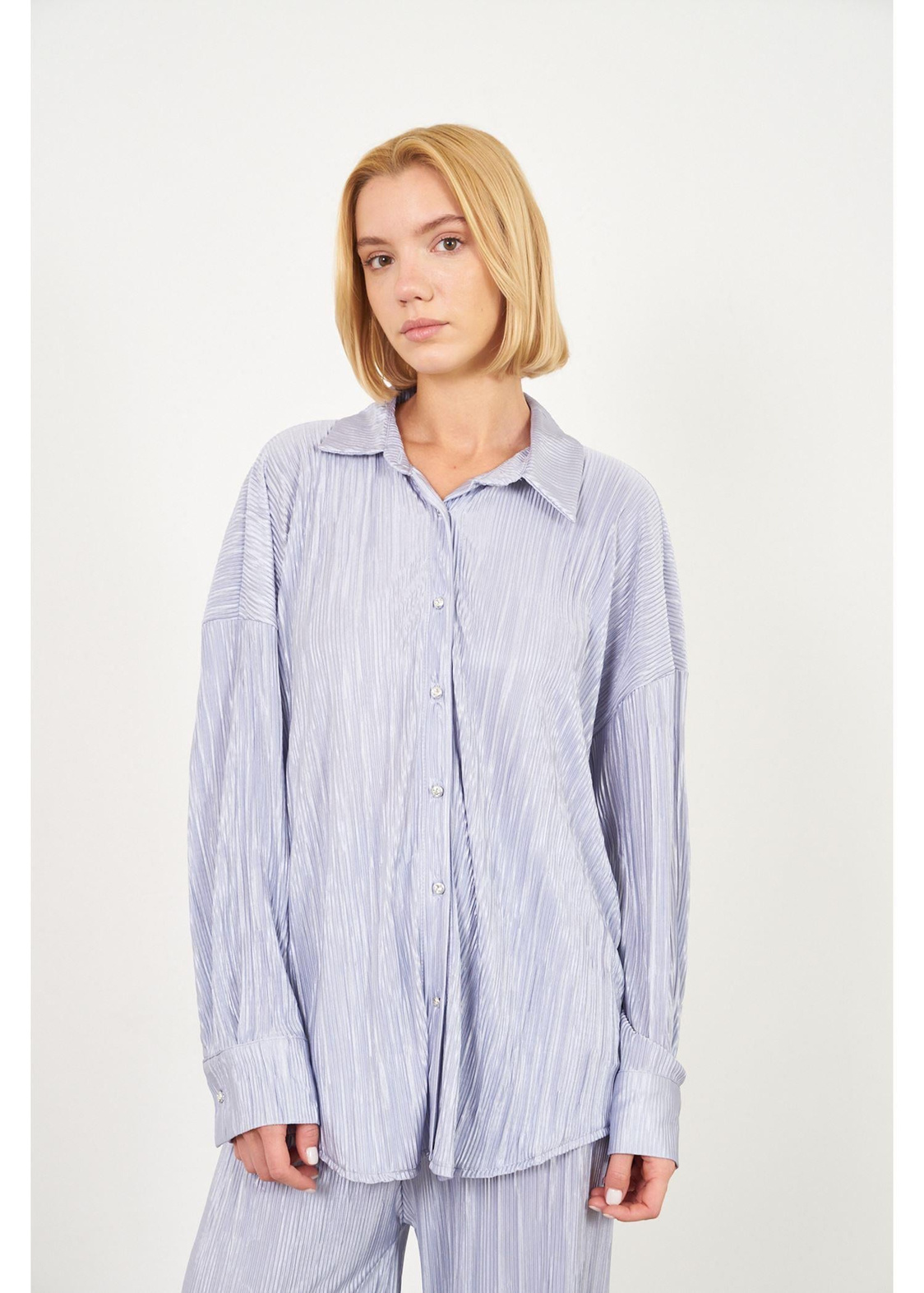 Piliseli Örme Gömlek-Gri