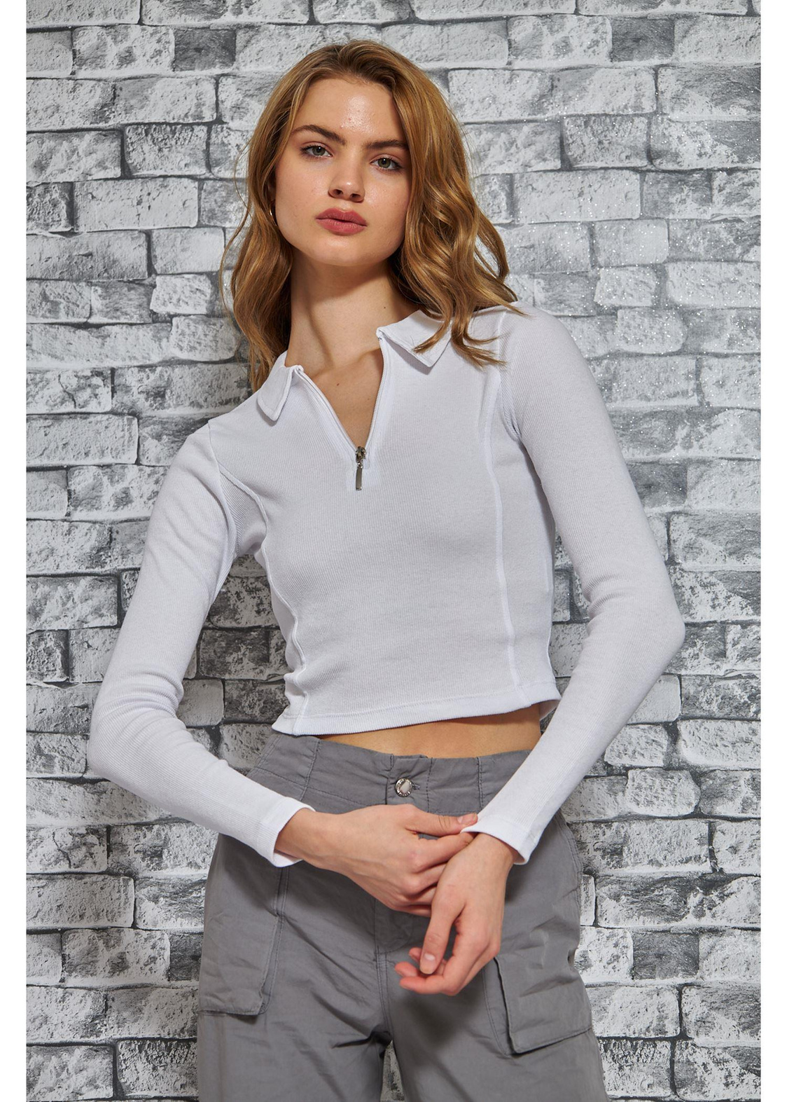 Polo Yaka Kaşkorse Bluz-Beyaz