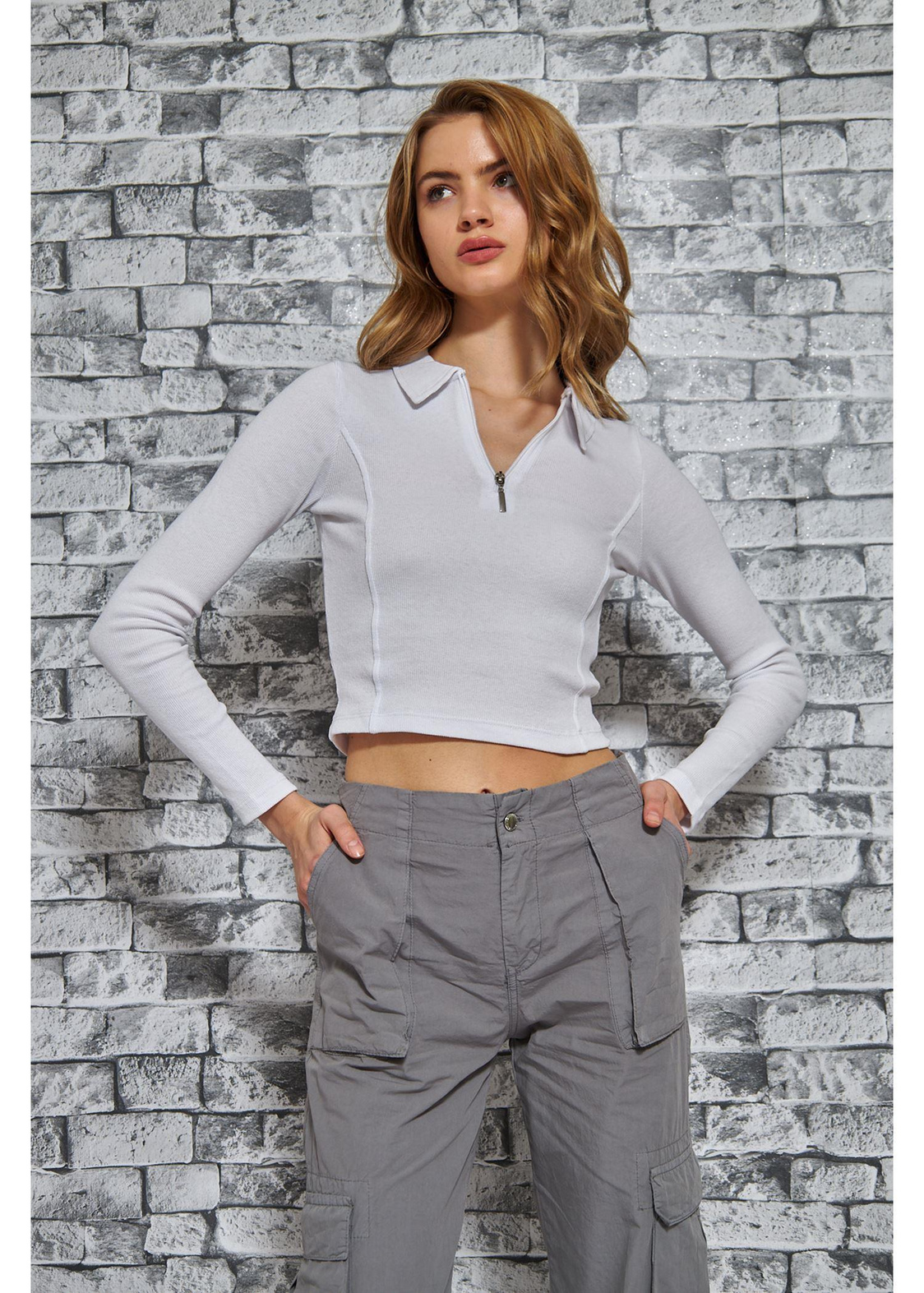 Polo Yaka Kaşkorse Bluz-Beyaz