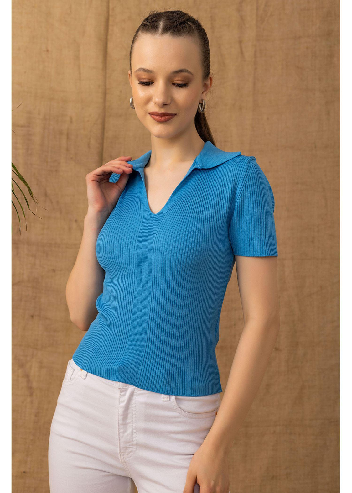 Polo Yaka Kısa Kol Triko Bluz-Mavi