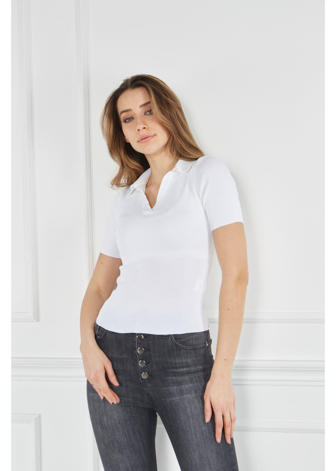 Polo Yaka Triko Tshirt-Ekru