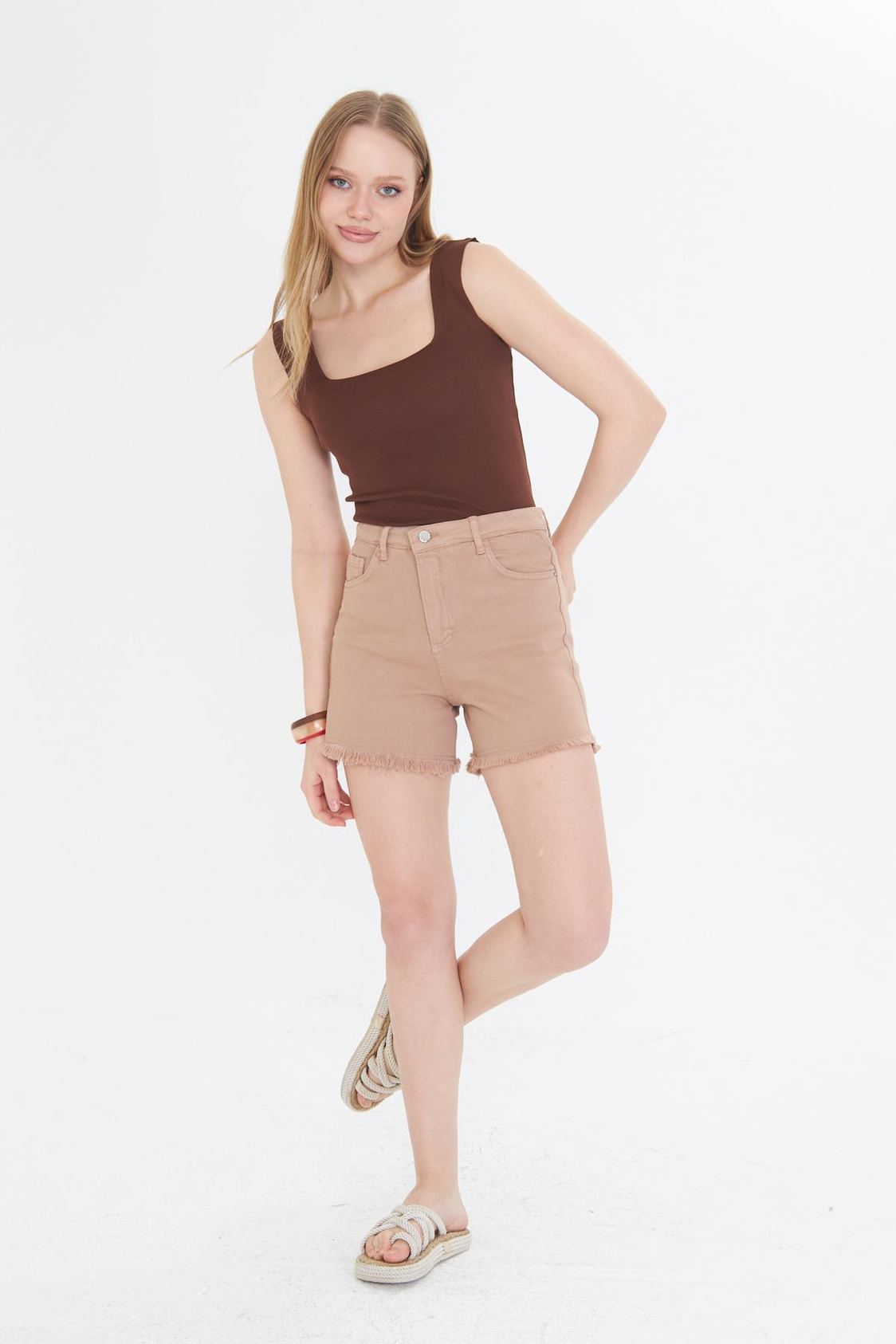 Püsküllü Gabardin Şort - Pembe 