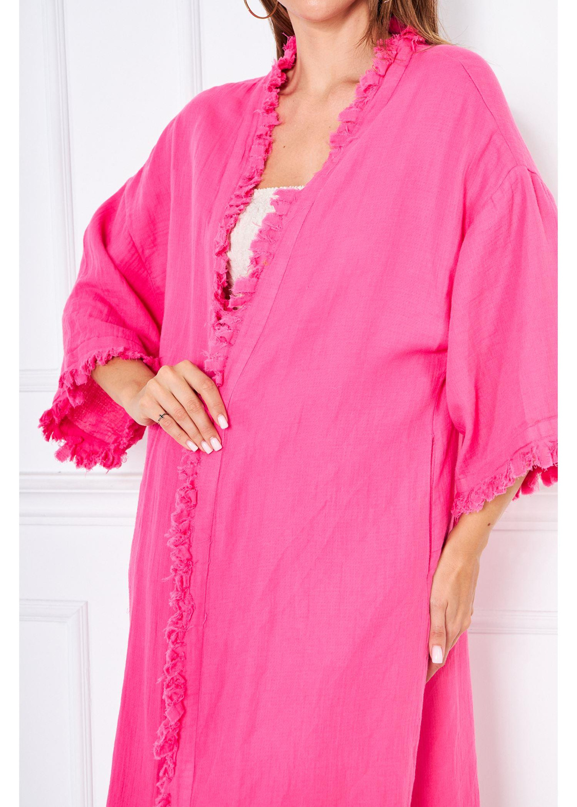 Püsküllü Keten Kimono-Fuşya