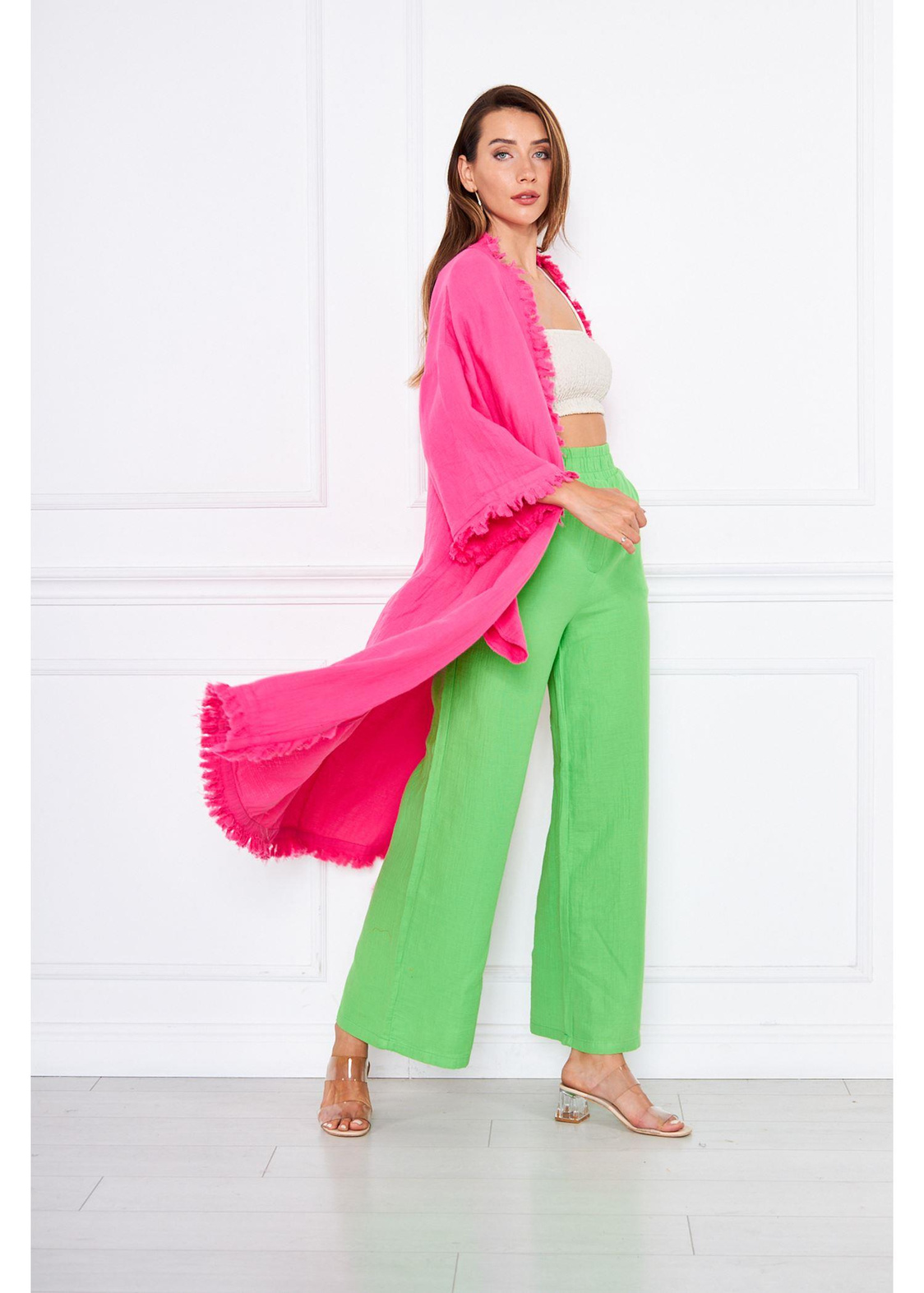 Püsküllü Keten Kimono-Fuşya