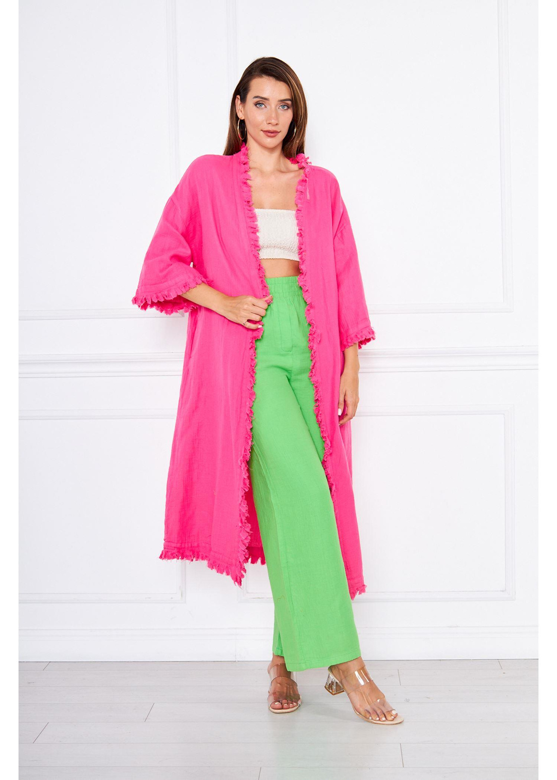 Püsküllü Keten Kimono-Fuşya