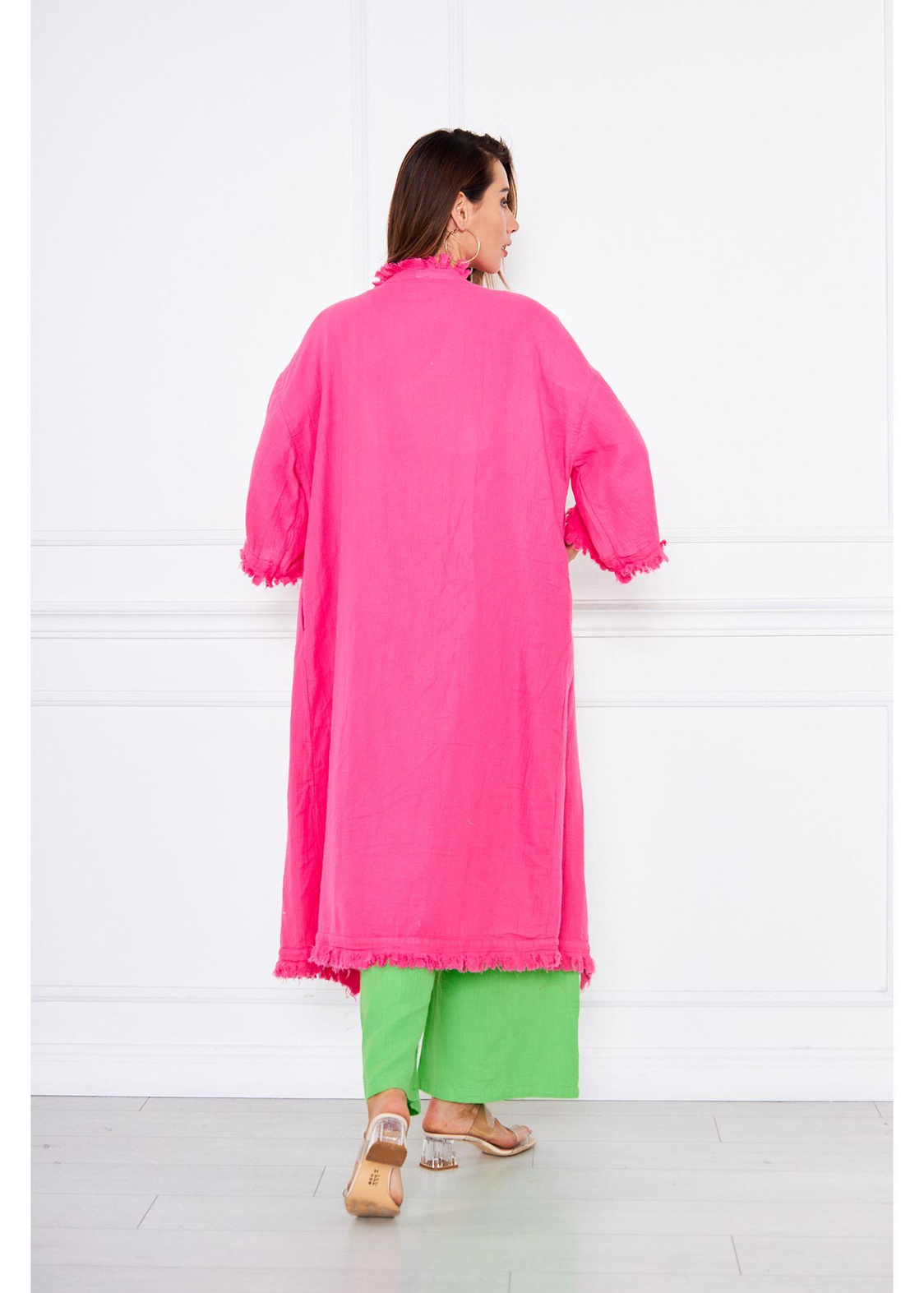 Püsküllü Keten Kimono-Fuşya