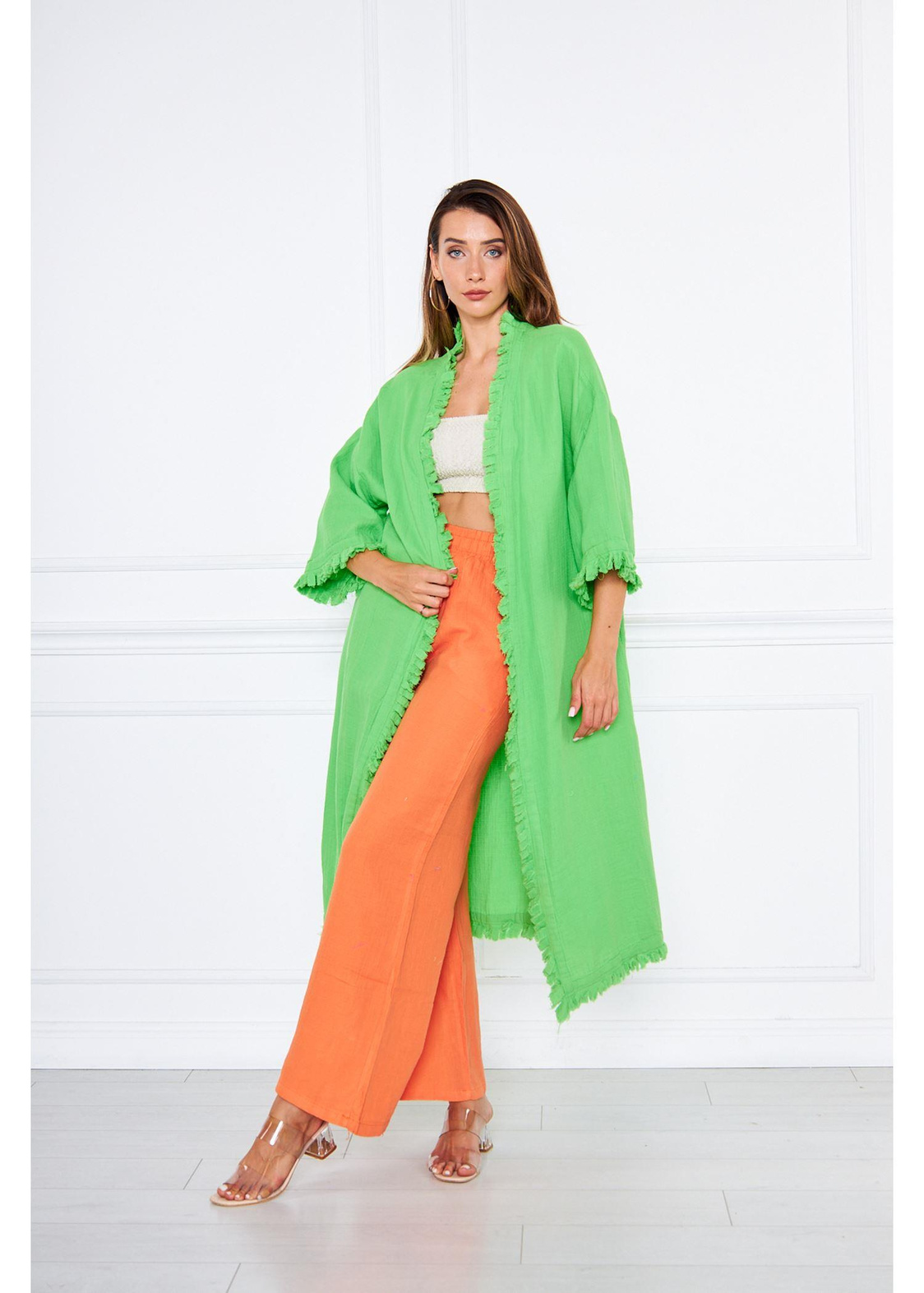 Püsküllü Keten Kimono-Yeşil