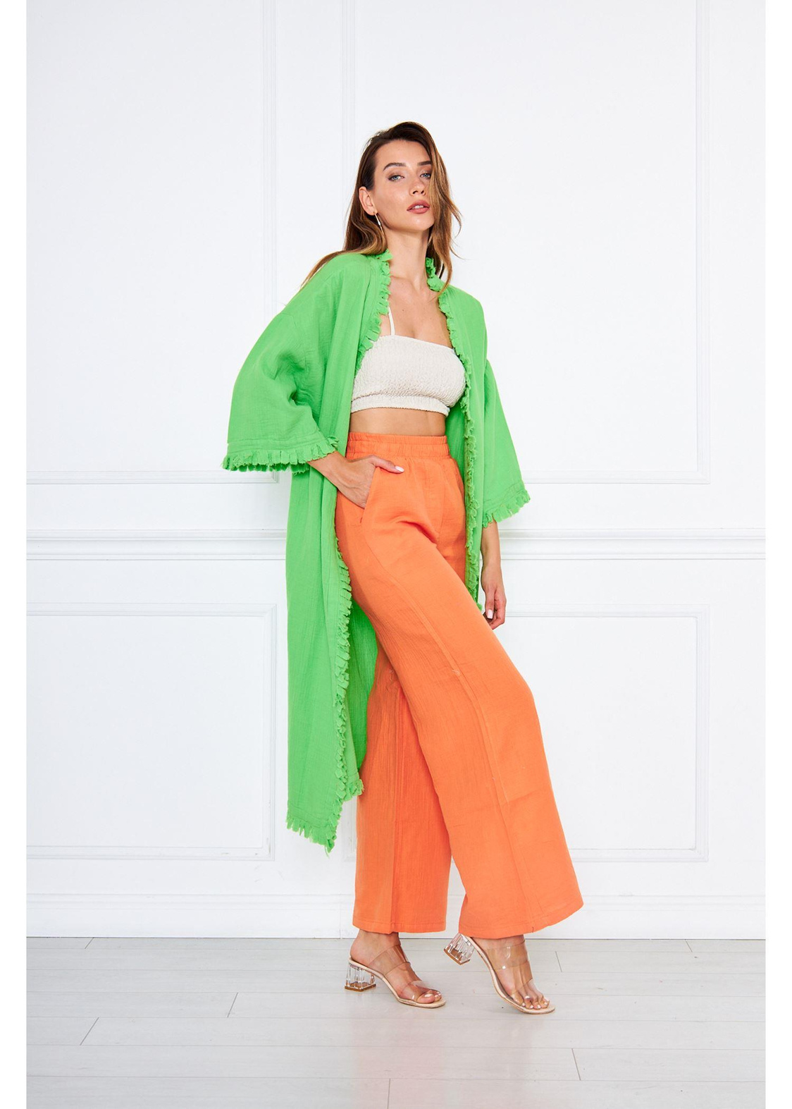 Püsküllü Keten Kimono-Yeşil