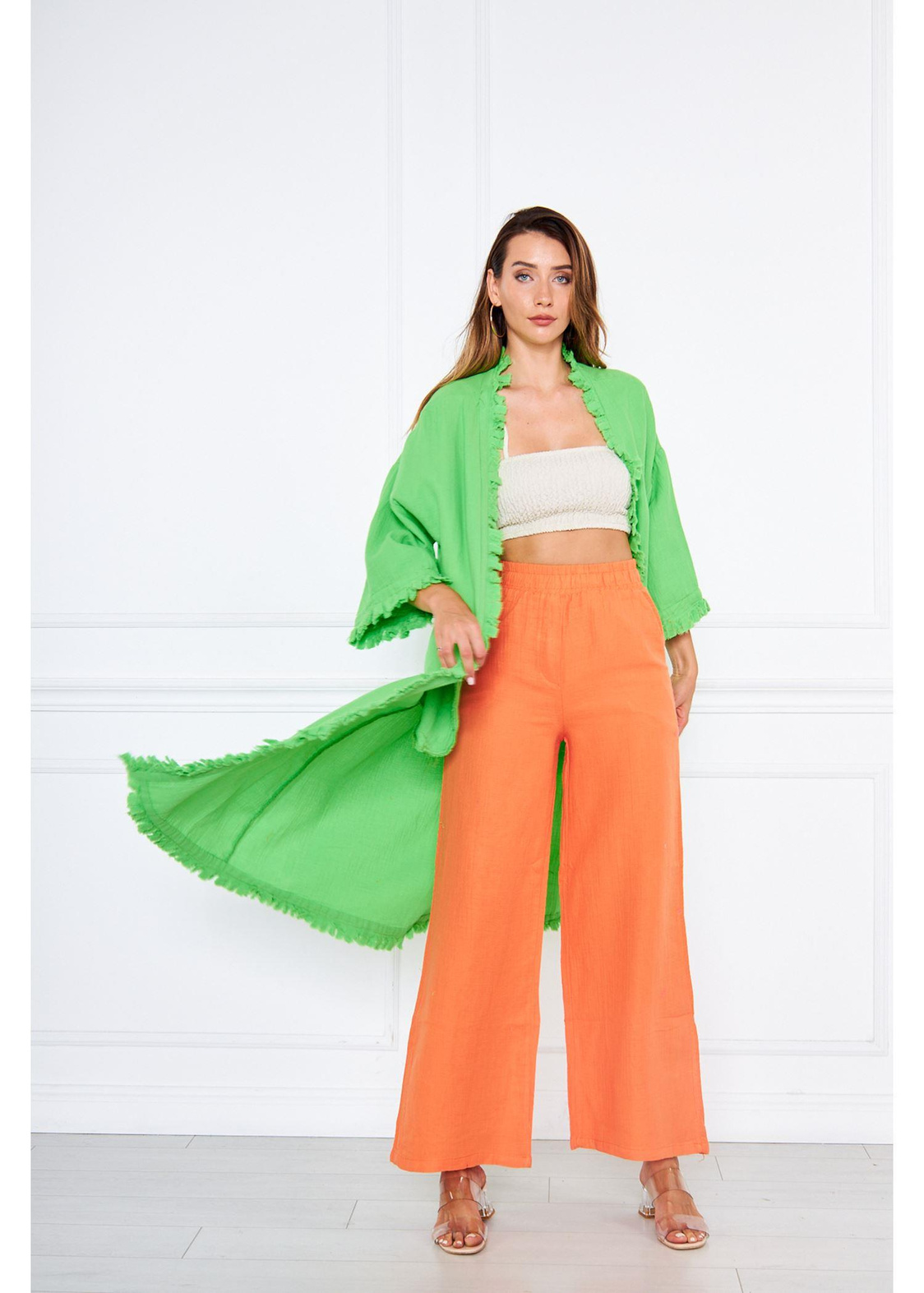 Püsküllü Keten Kimono-Yeşil