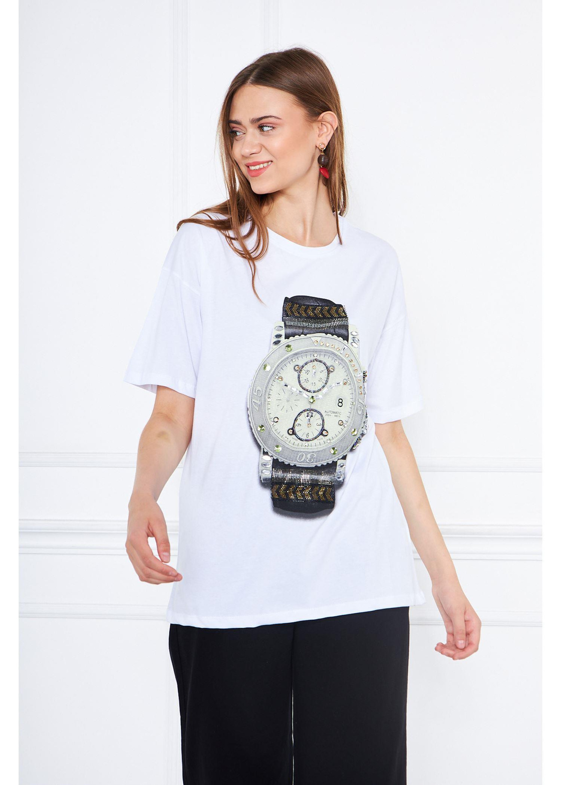 Saat Baskılı Süprem T-Shirt-Beyaz