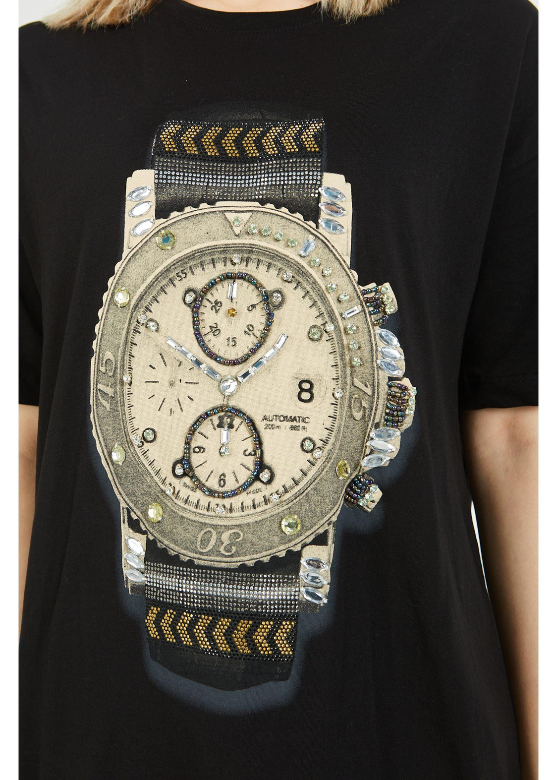 Saat Detaylı Baskılı Tshirt-Siyah