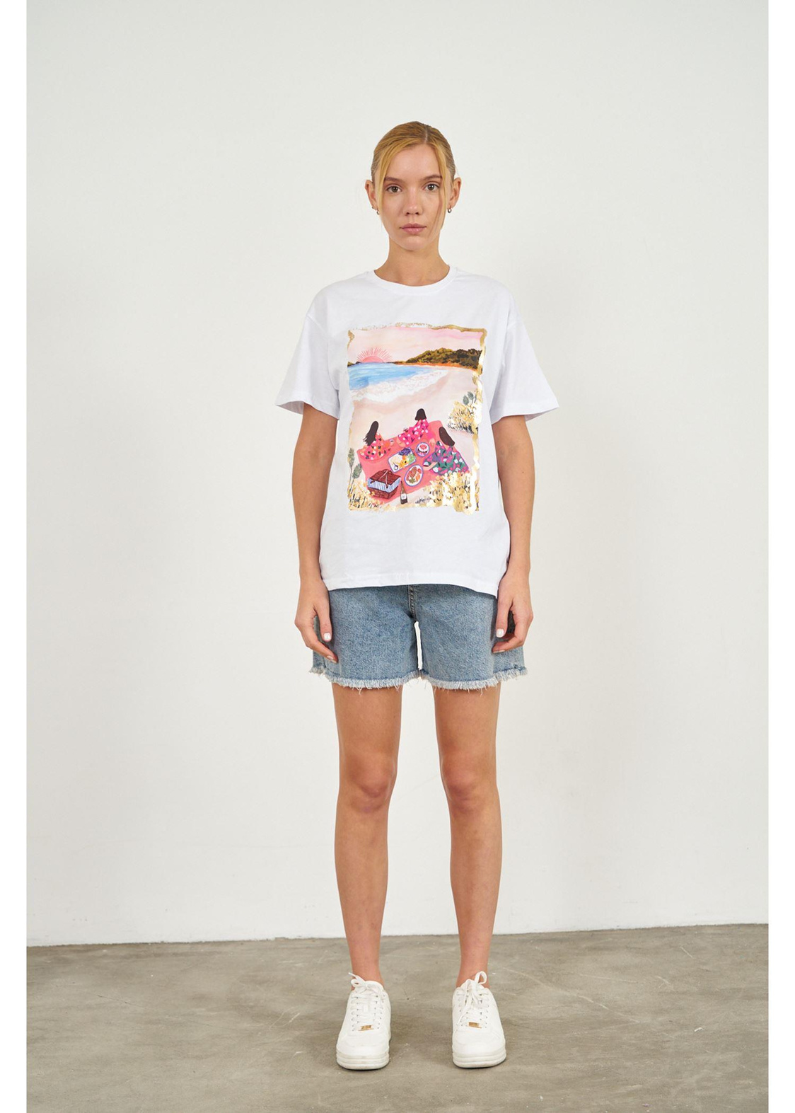 Sahil Baskılı Süprem T-shirt-Ekru
