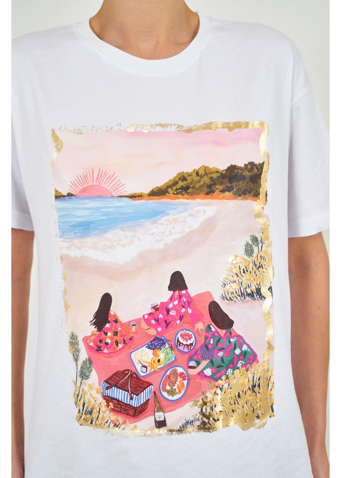 Sahil Baskılı Süprem T-shirt-Ekru
