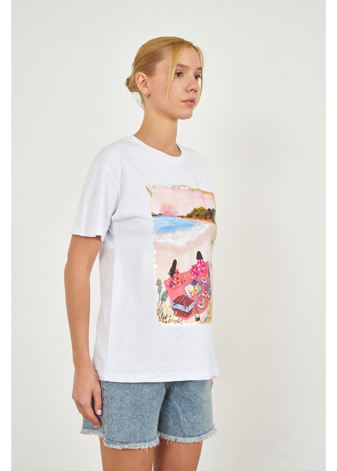 Sahil Baskılı Süprem T-shirt-Ekru