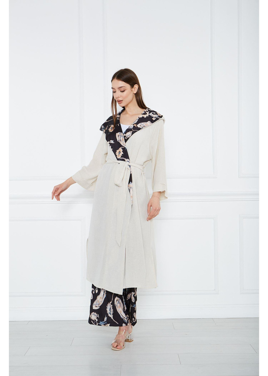 Saten Garnili Keten Kimono-Taş
