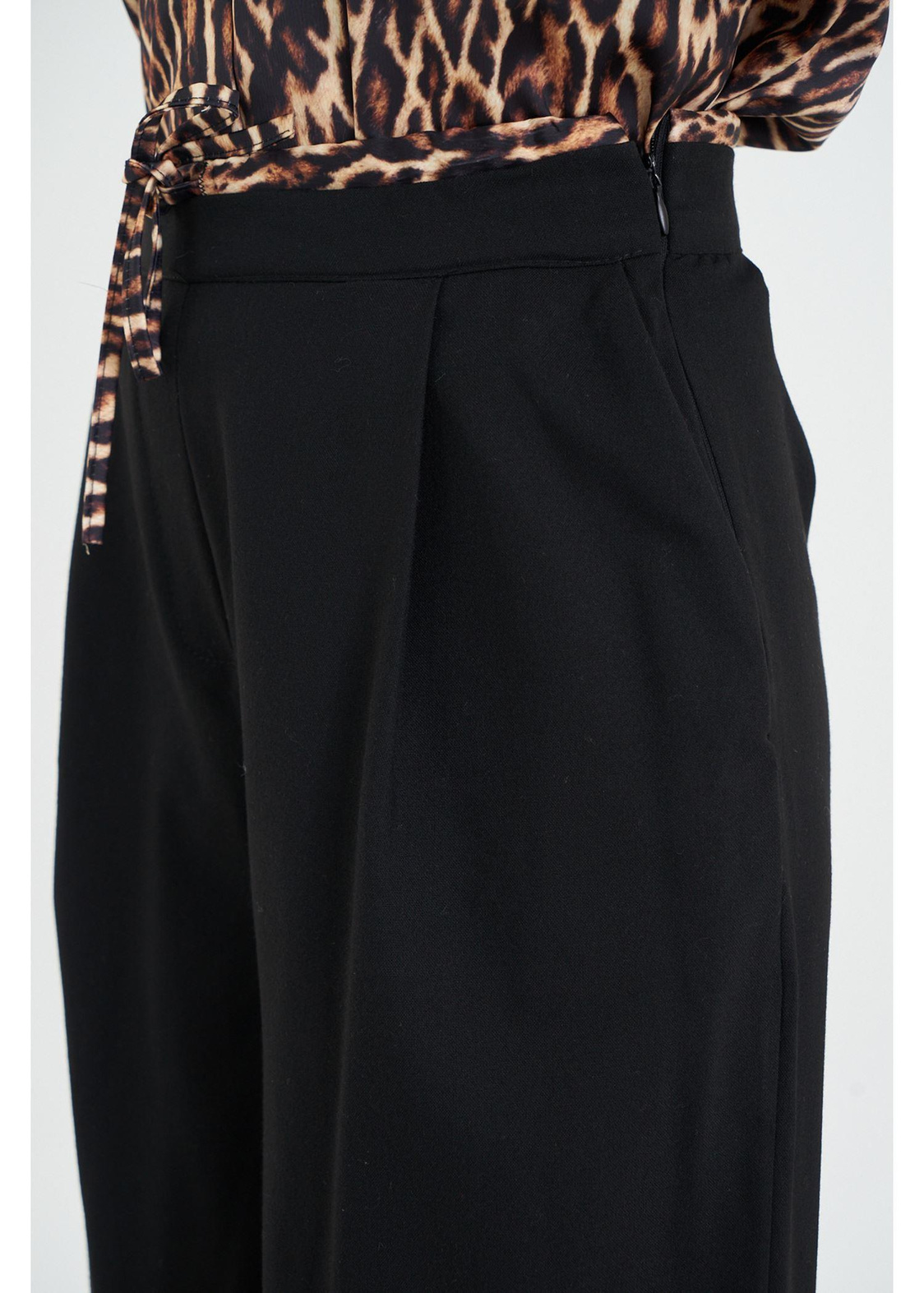 Saten Leopar Garnili Poliviskon Pantolon-Siyah