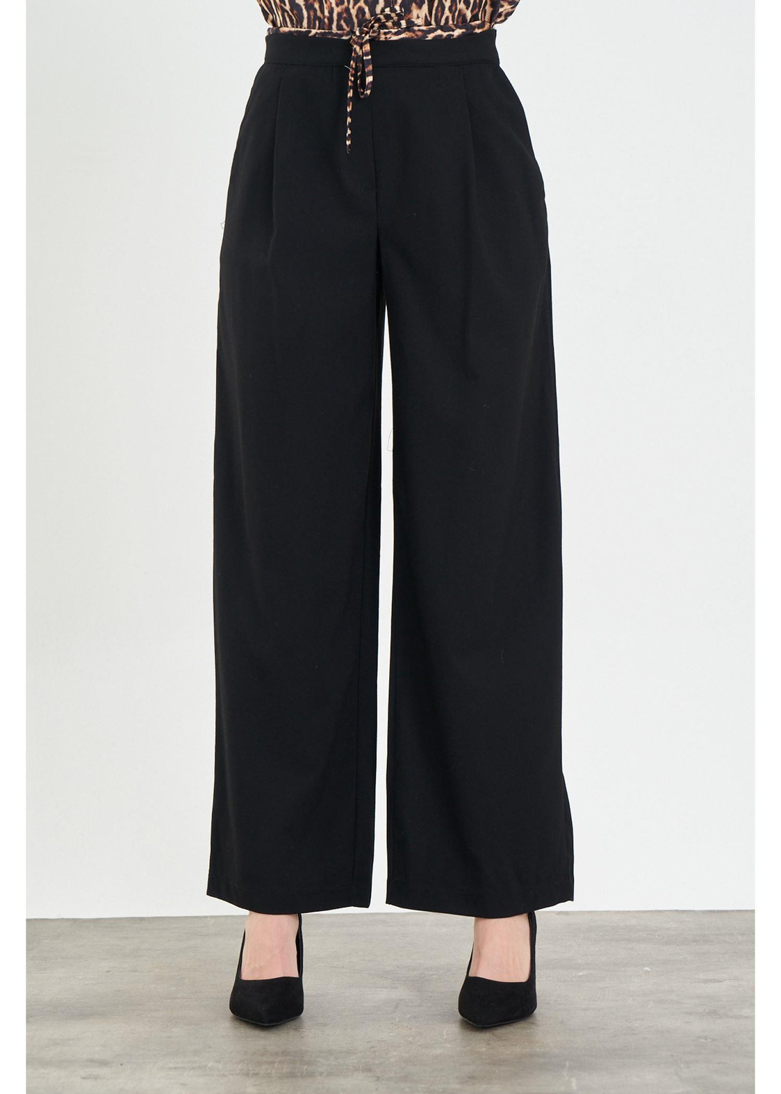 Saten Leopar Garnili Poliviskon Pantolon-Siyah