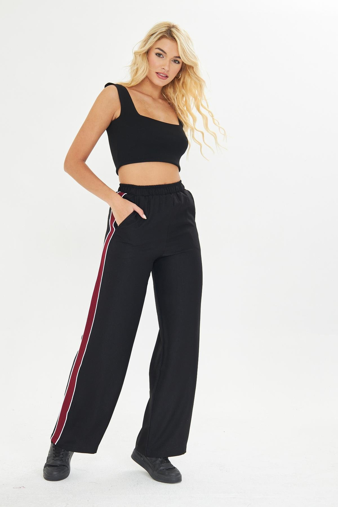 Şeritli Bol Paça Pantolon