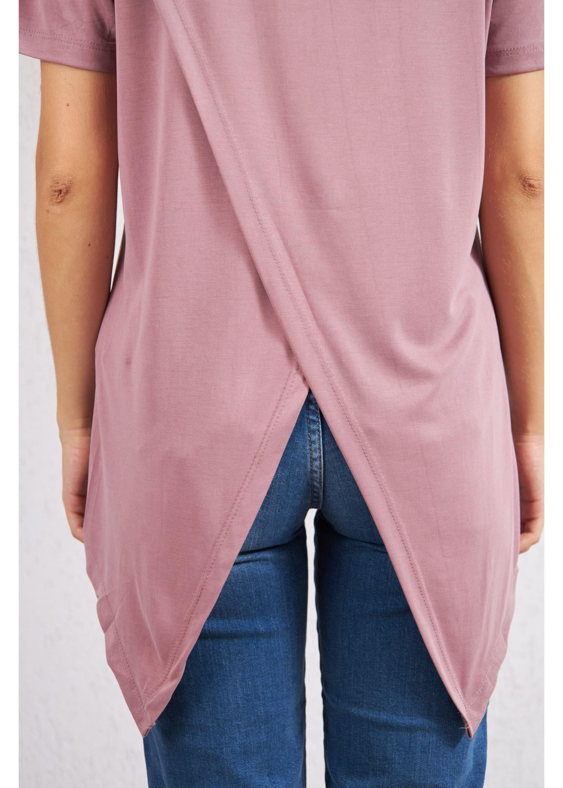 Sıfır Yaka Kısa Kol Anvelop T-Shirt-Gül