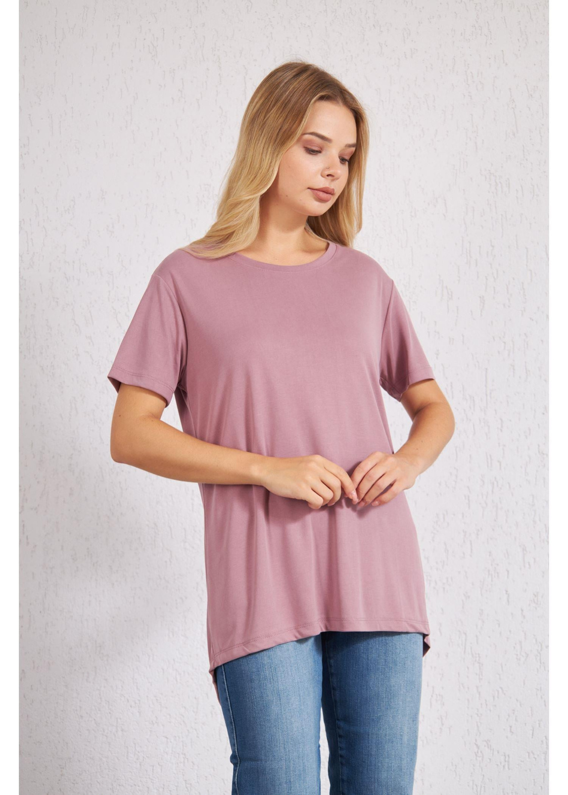 Sıfır Yaka Kısa Kol Anvelop T-Shirt-Gül