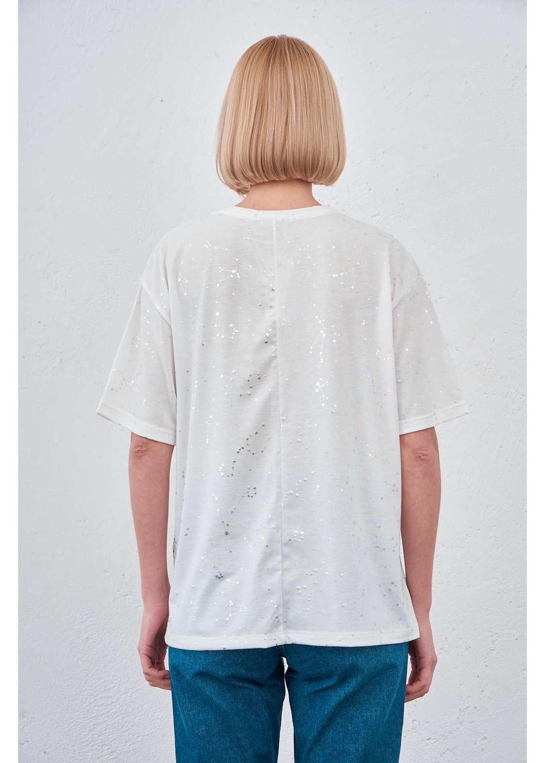 Simli Yıldız Baskılı T-shirt-Beyaz