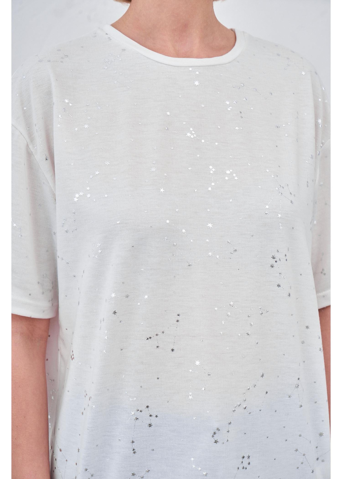Simli Yıldız Baskılı T-shirt-Beyaz