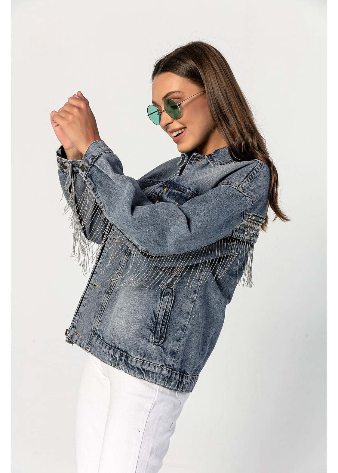 Sırtı İşlemeli, Kolları Ve Sırtı Zincirli Boyfriend Kot Ceket-Mavi