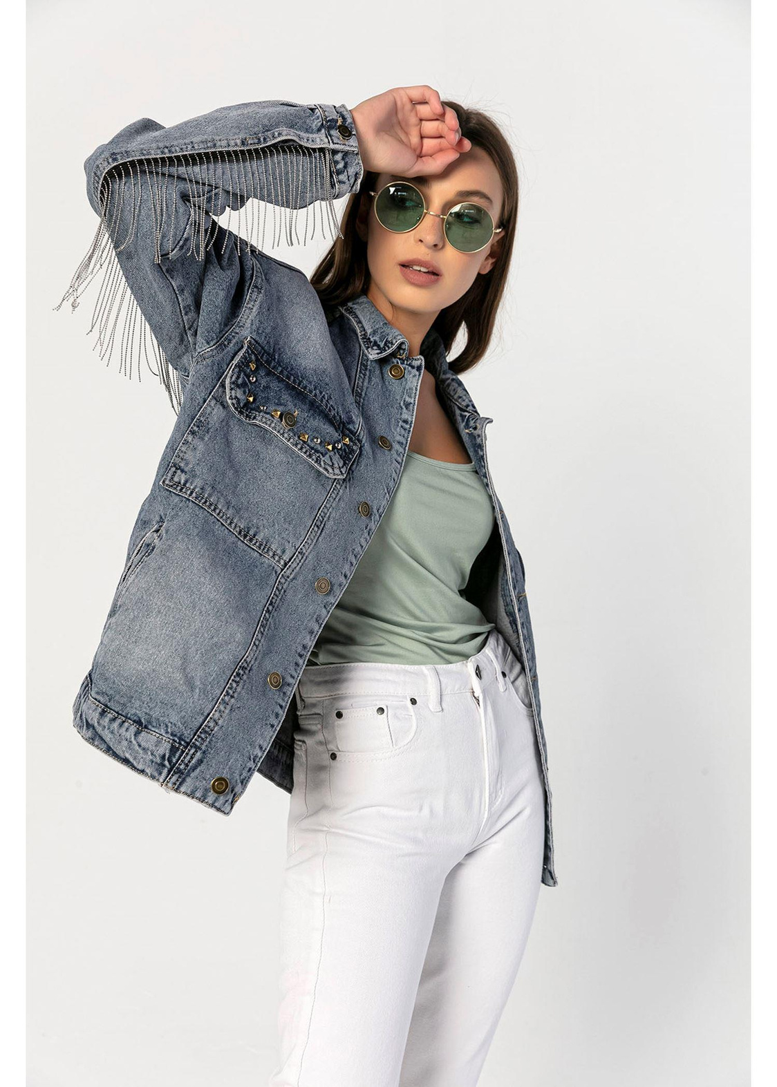 Sırtı İşlemeli, Kolları Ve Sırtı Zincirli Boyfriend Kot Ceket-Mavi