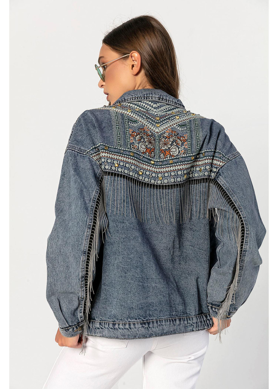 Sırtı İşlemeli, Kolları Ve Sırtı Zincirli Boyfriend Kot Ceket-Mavi