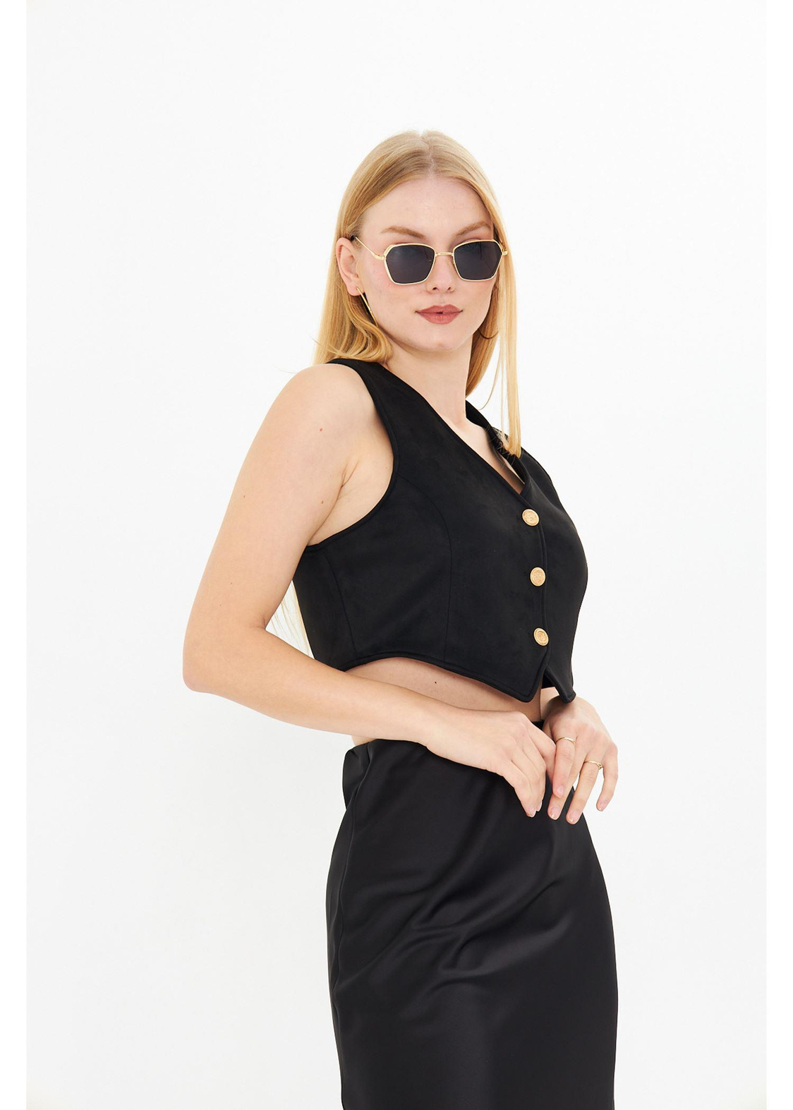 siyah Crop Süet Yelek