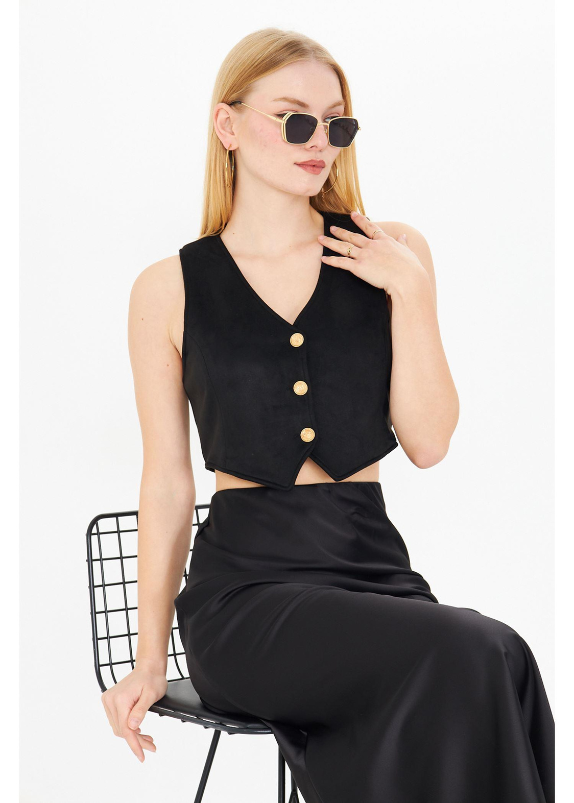 siyah Crop Süet Yelek