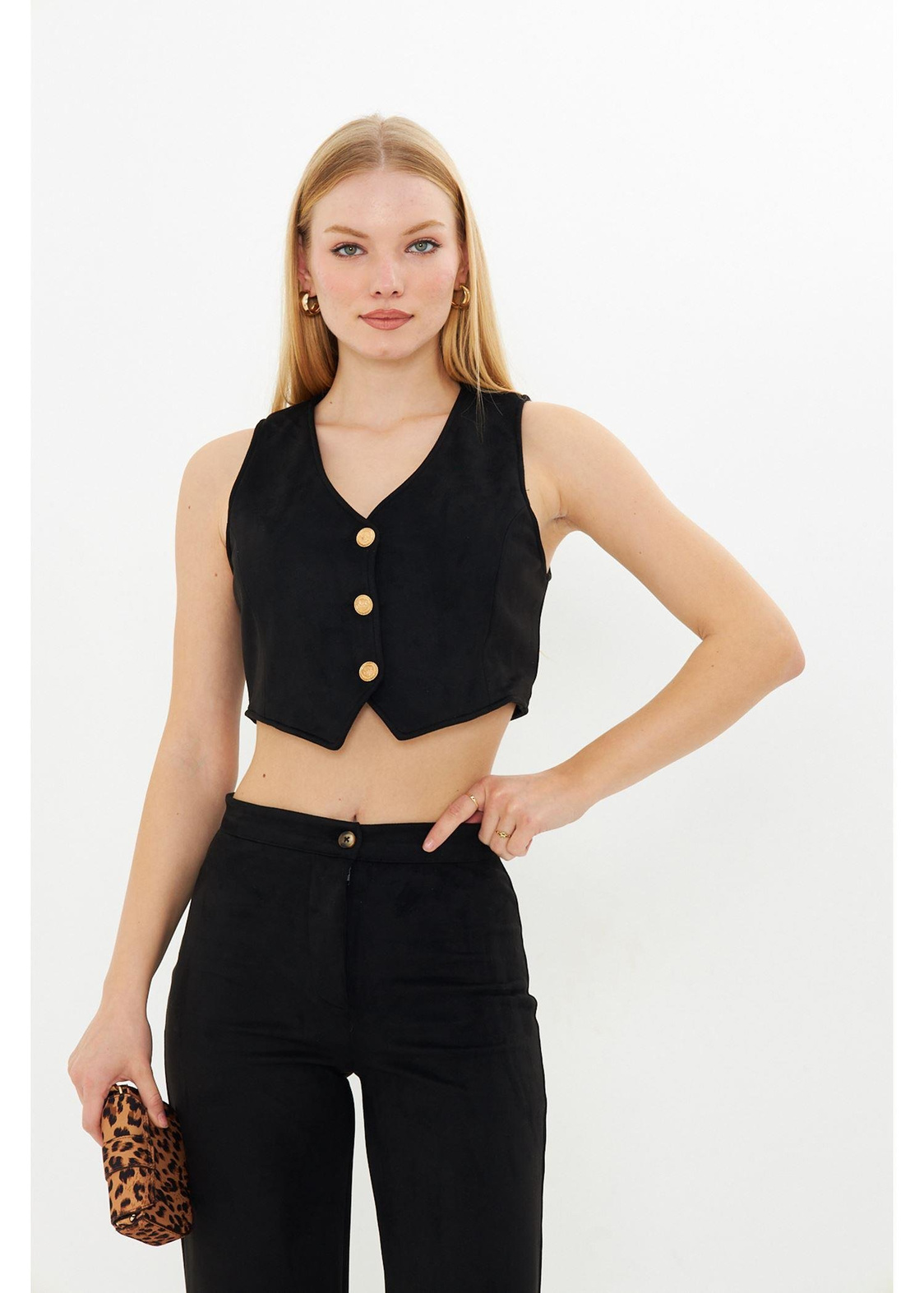 siyah Crop Süet Yelek