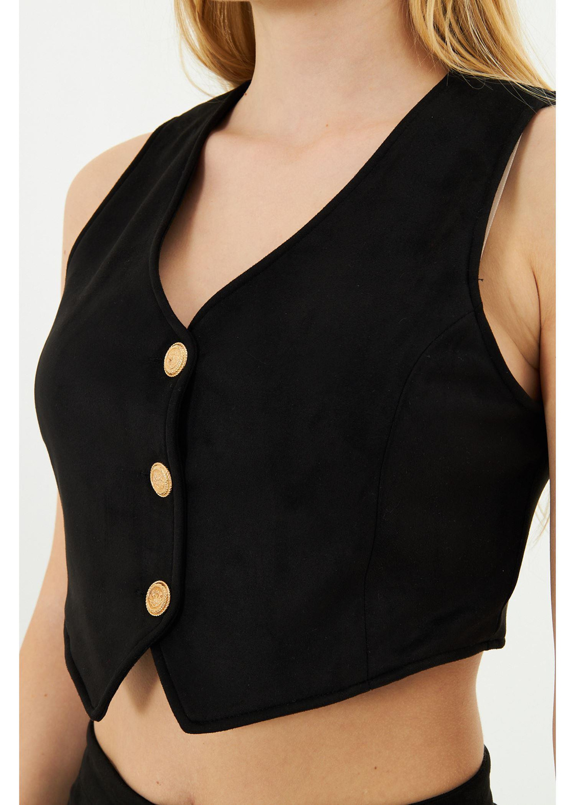 siyah Crop Süet Yelek