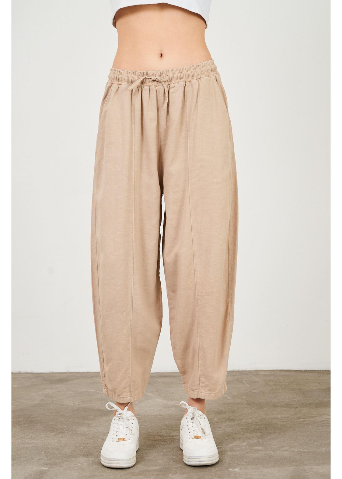 Slouchy Fit Beli Lastikli Pantolon-Vizon