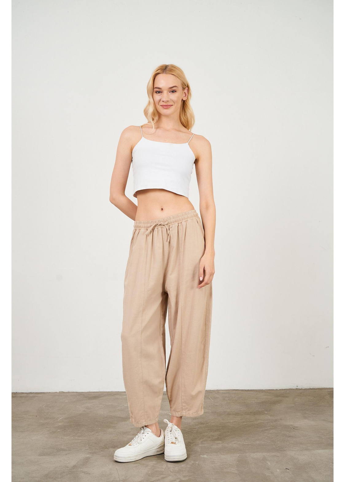 Slouchy Fit Beli Lastikli Pantolon-Vizon