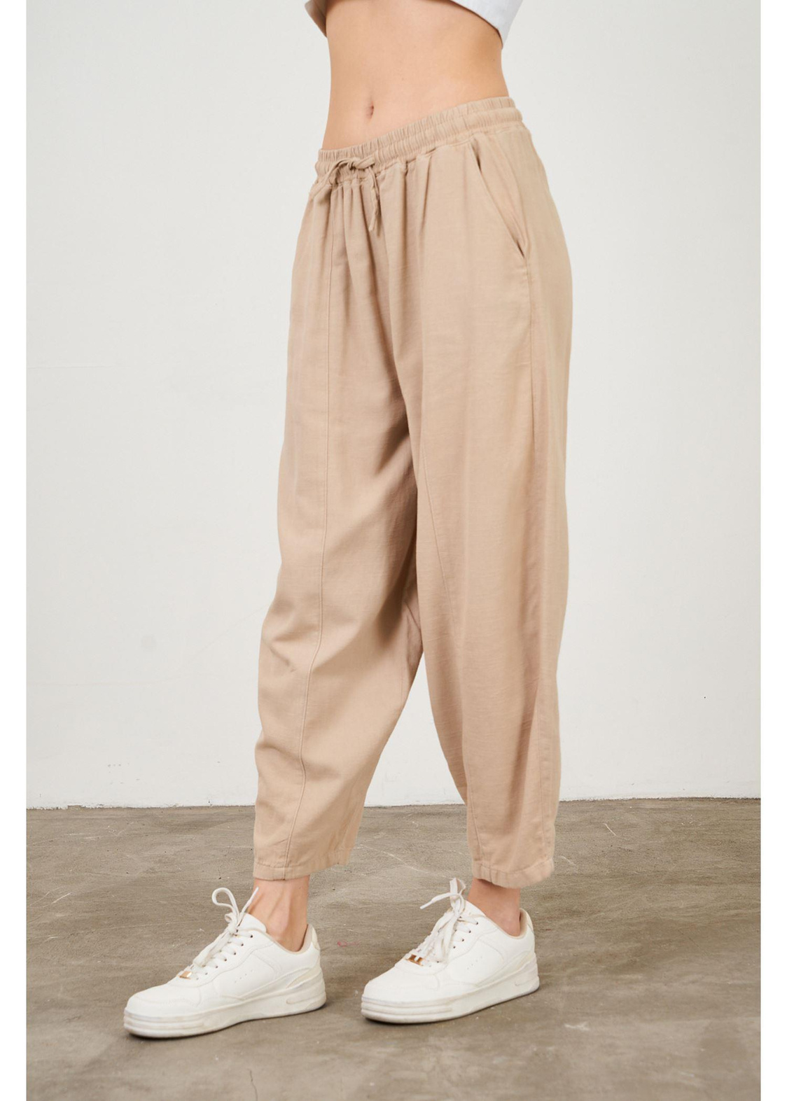 Slouchy Fit Beli Lastikli Pantolon-Vizon