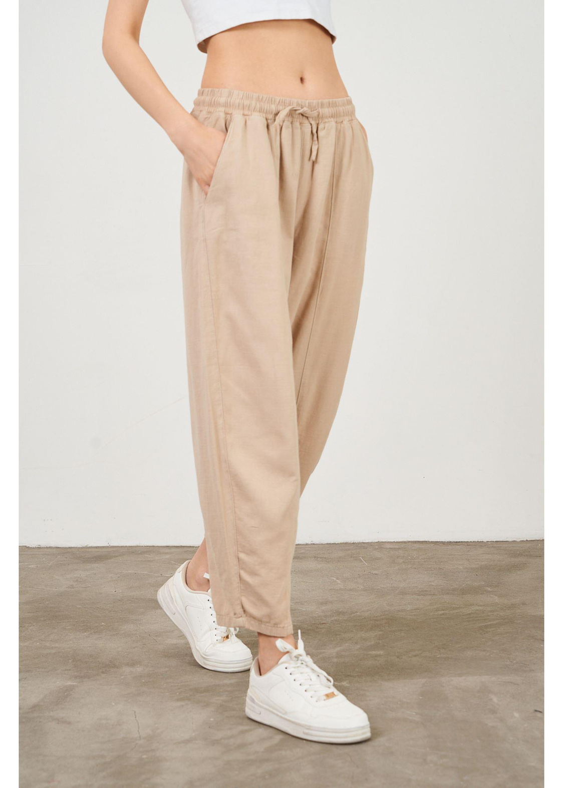 Slouchy Fit Beli Lastikli Pantolon-Vizon